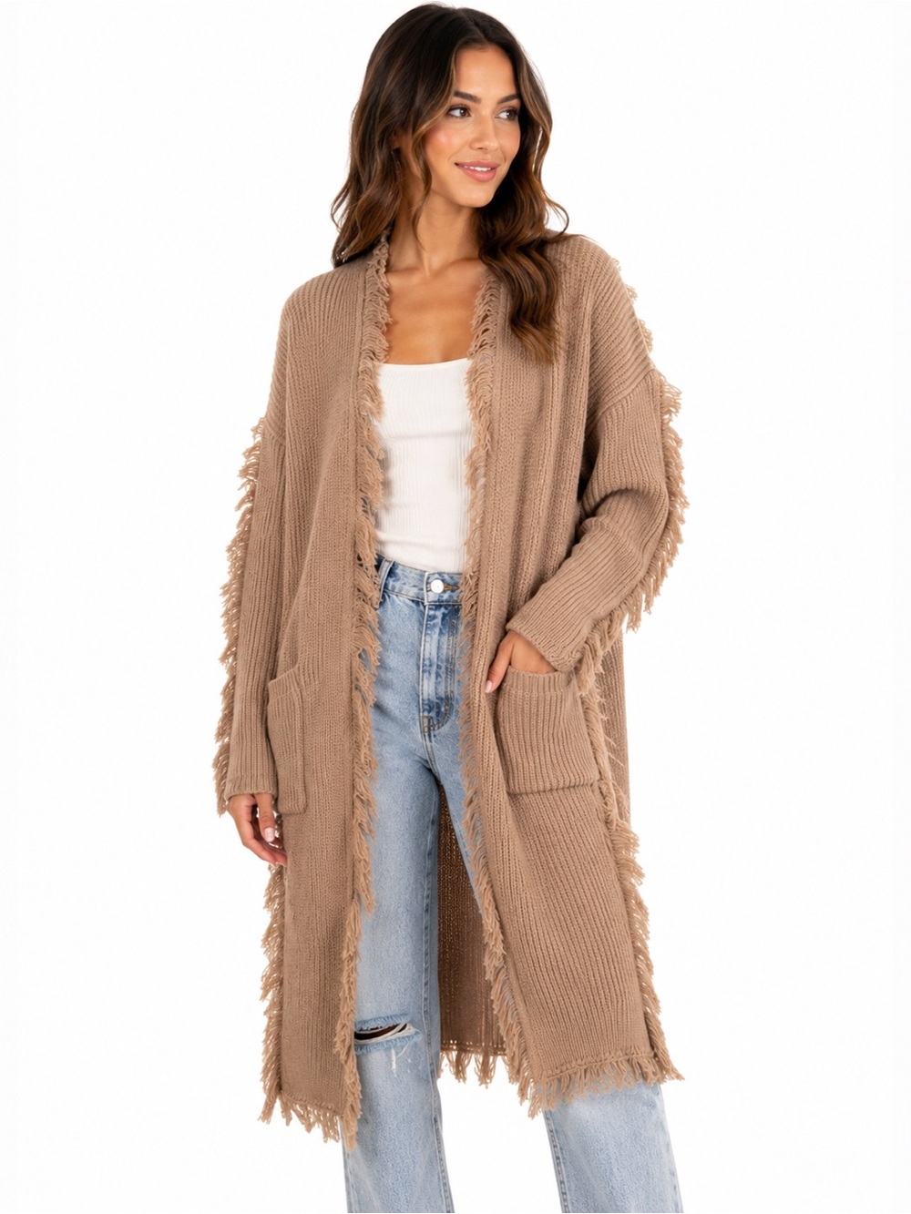 Tan Fringe Longline Open Front Cardigan Sweater Size L Boho Western
